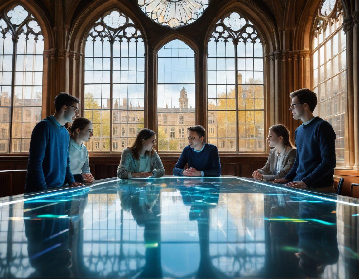 A diverse group of enthusiastic students engaged in dynamic discussions around a futuristic table, with holographic displays of innovative research findings in the background. The iconic architecture of Cambridge University looms majestically outside a large glass window. Bright light filters through, symbolizing hope and knowledge. Super-realistic. Vibrant colors. Educational atmosphere.