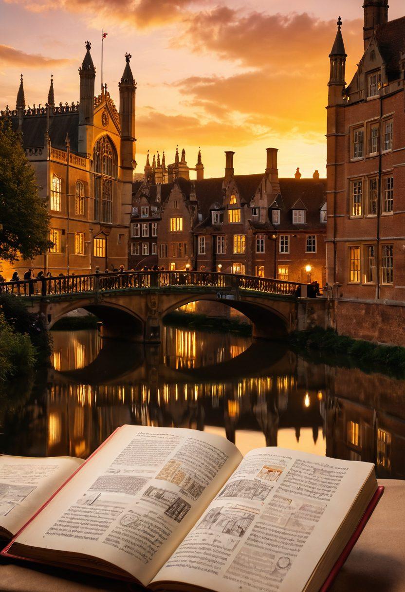 An open book with glowing pages, surrounded by iconic landmarks of Cambridge University like King's College and the Mathematical Bridge. Scholars and students engaged in discussions hover nearby, with digital overlays of graphs and data trends illuminating the scene. A warm golden hour light casts a scholarly glow over the setting. surrealistic. warm colors. academic atmosphere.